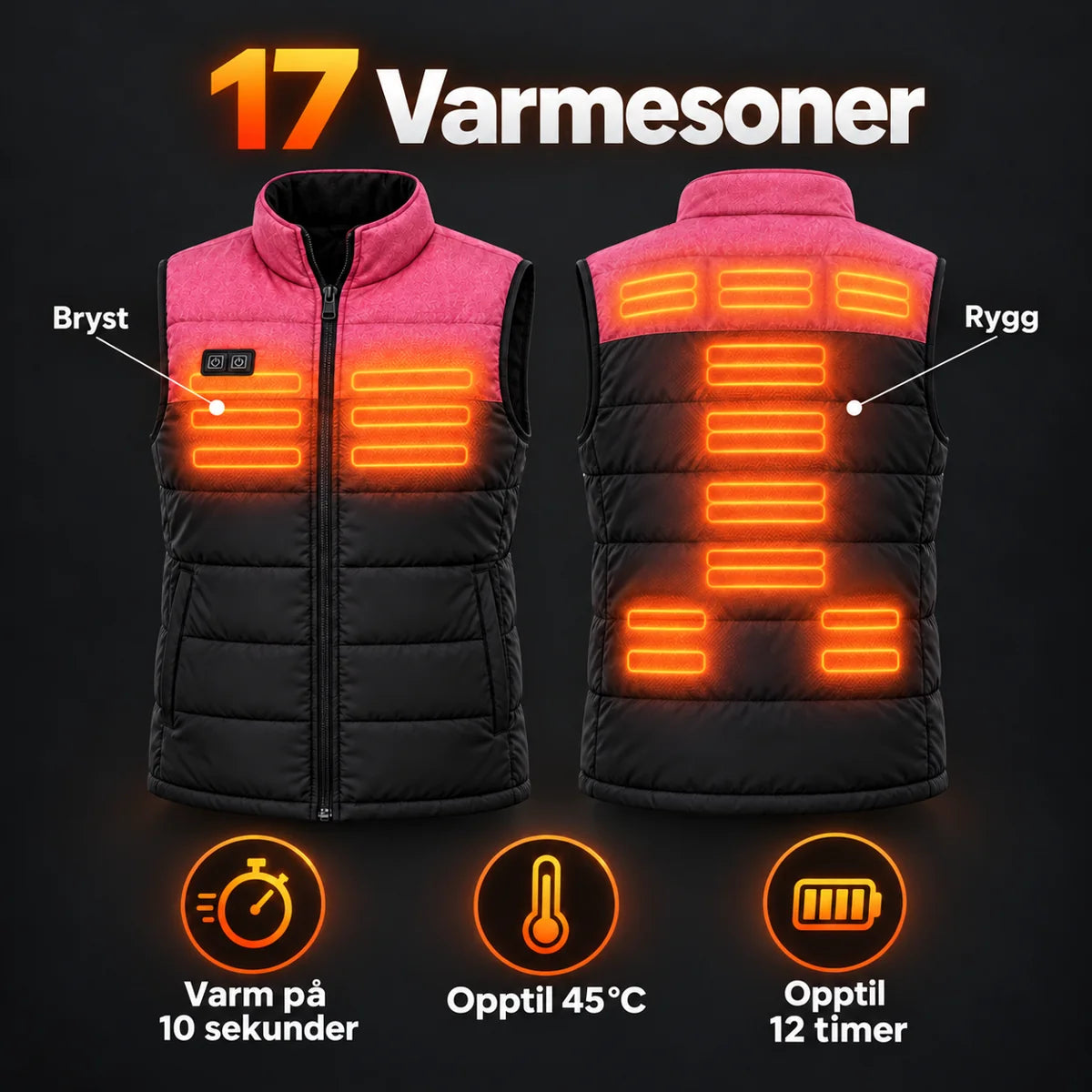 Vattert varmevest unisex PyreFit Rundor: 17 varmesoner på bryst og rygg