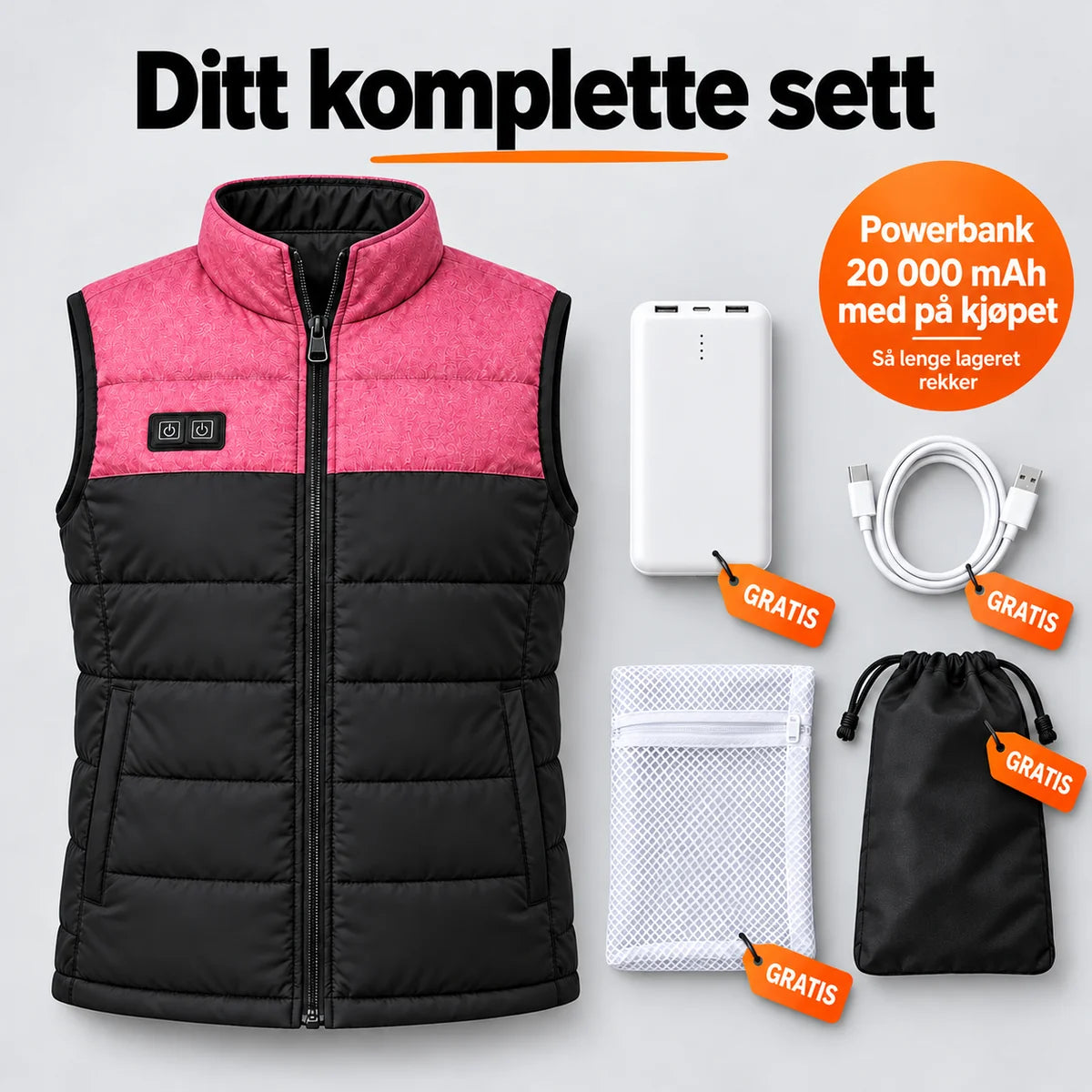 Komplett sett: Rundor, powerbank 20 000 mAh, ladekabel, vaskepose og veske