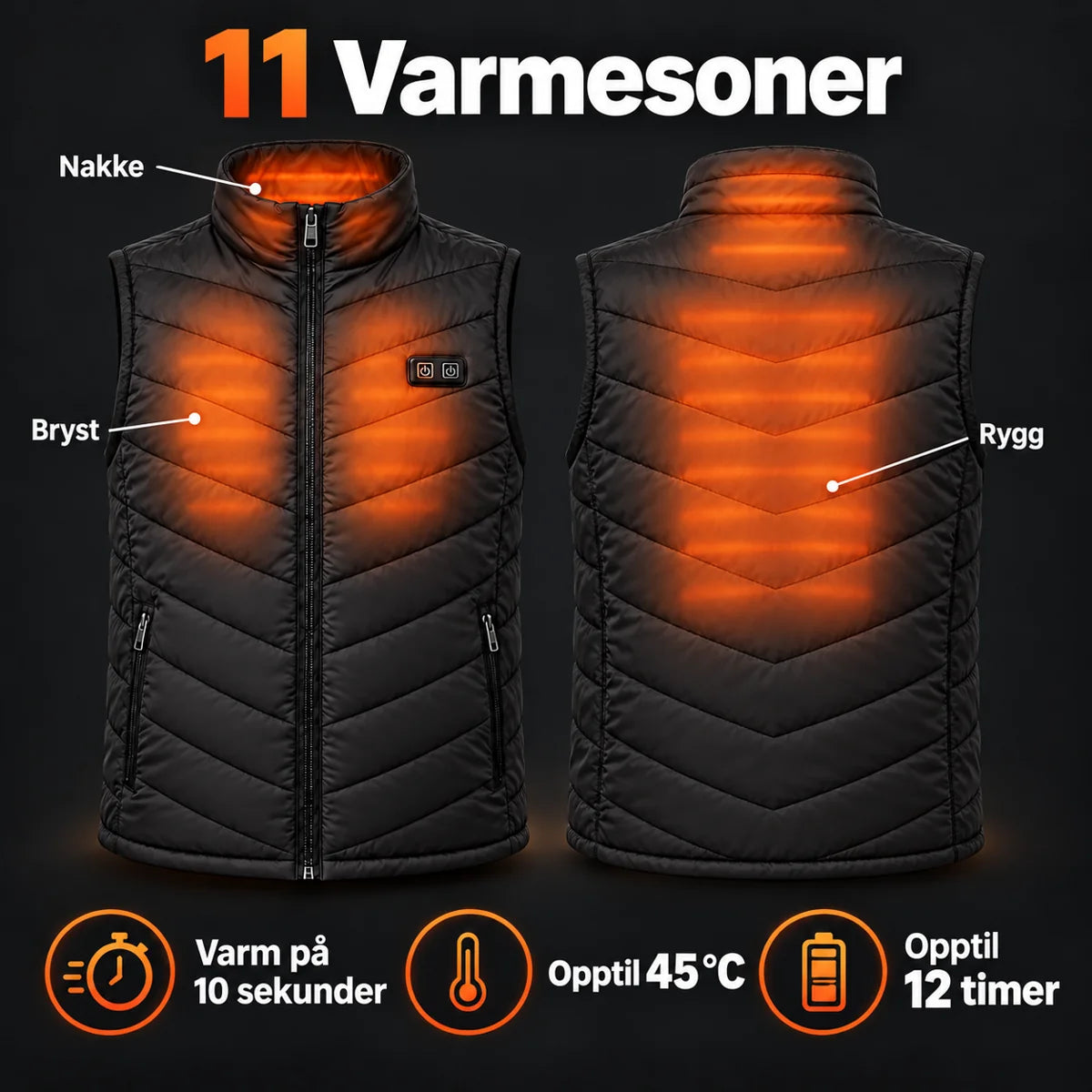 Varmevest unisex i store størrelser PyreFit Schattor: 11 varmesoner på bryst, nakke og rygg