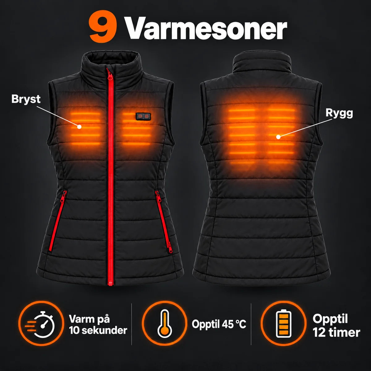 Varmevest dame PyreFit Silvaia: 9 varmesoner på bryst og rygg