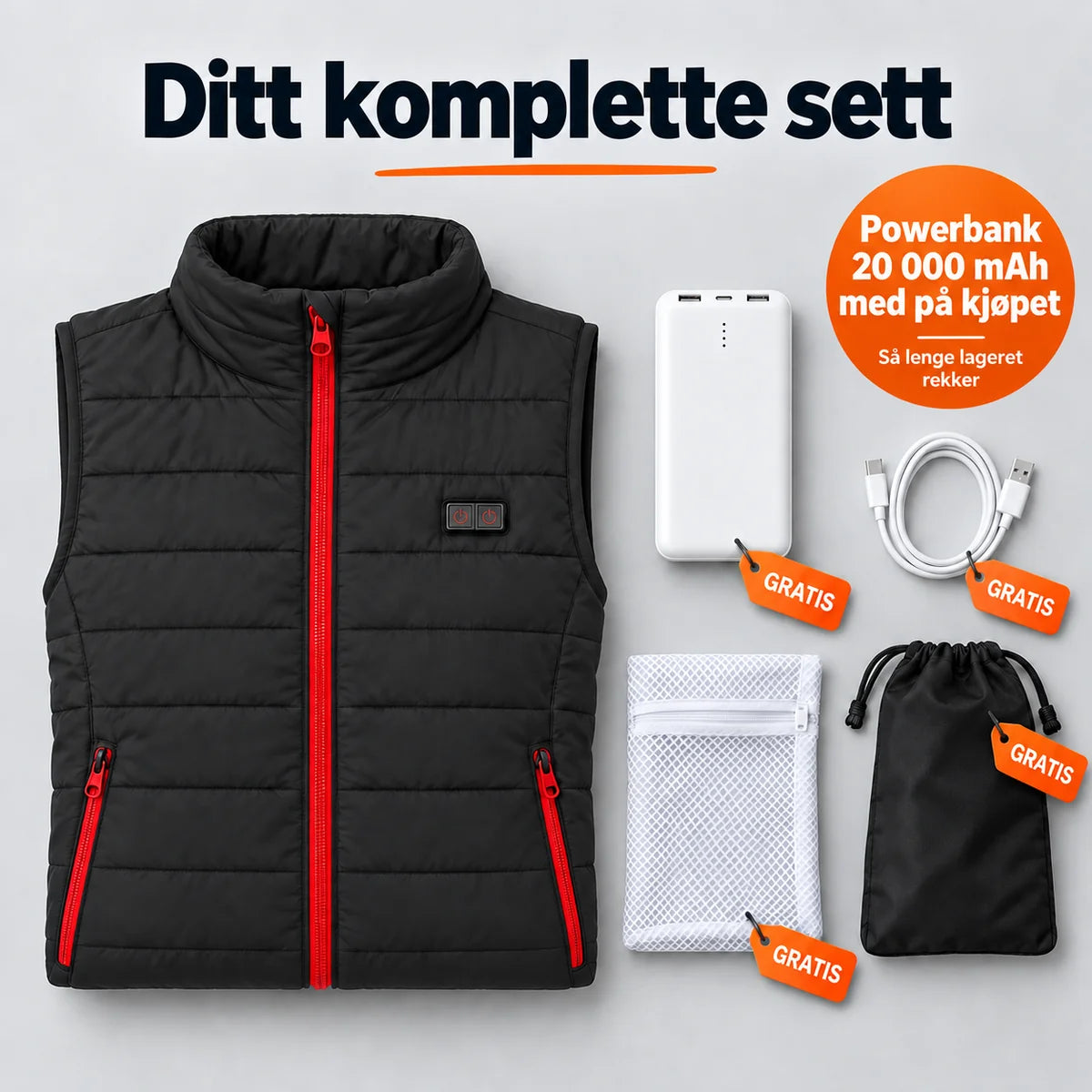 Komplett sett: Silvaia, powerbank 20 000 mAh, ladekabel, vaskepose og veske