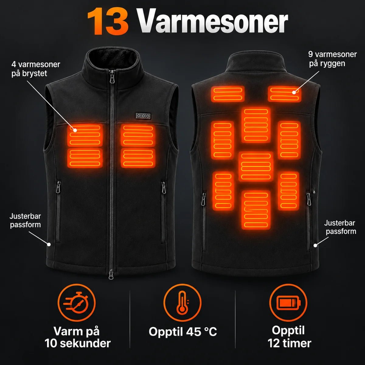 Varmevest unisex med justerbar vidde PyreFit Tarnor: 13 varmesoner på bryst (4 soner) og rygg (9 soner)