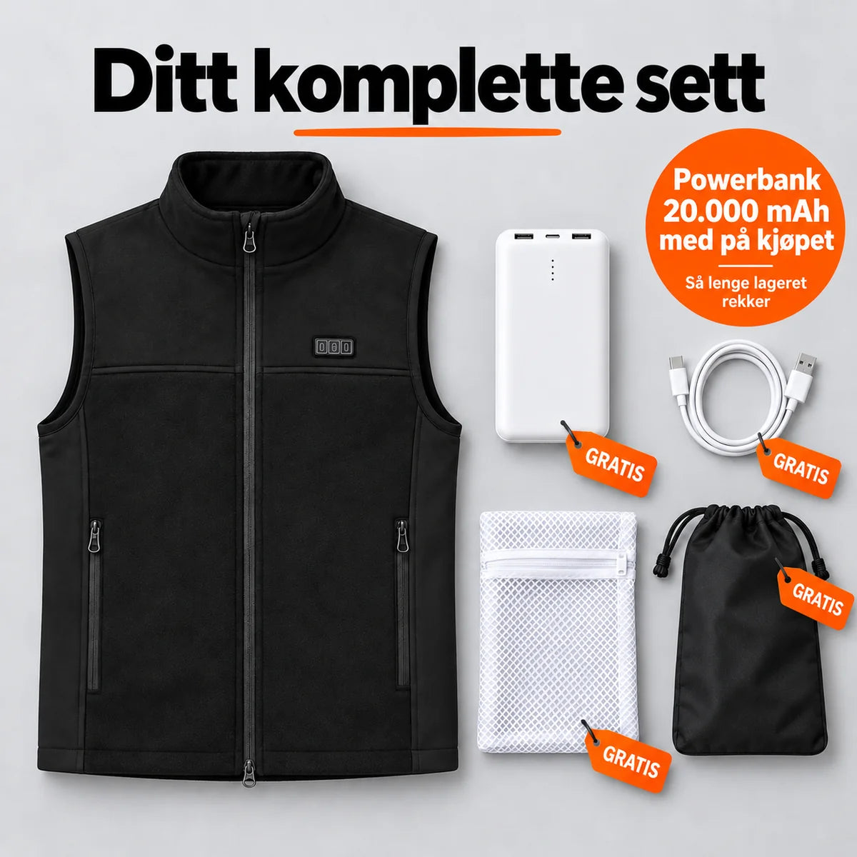 Komplett sett: Tarnor, powerbank 20 000 mAh, ladekabel, vaskepose og veske
