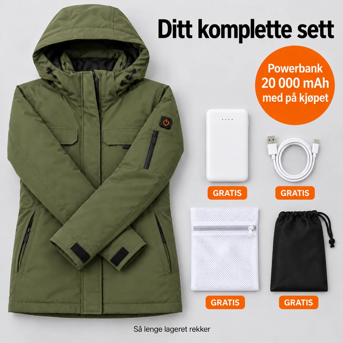 Komplett sett: Terrano, powerbank 20 000 mAh, ladekabel, vaskepose og veske