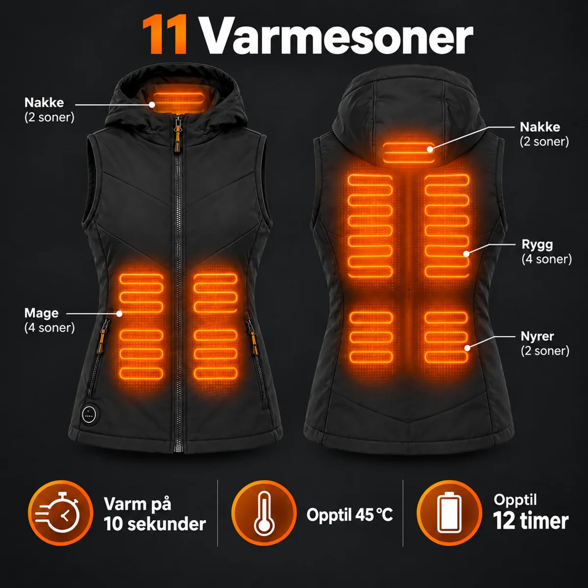 Varmevest dame med hette PyreFit Transitor: 11 varmesoner på mage og rygg, fra nakken ned til nyrene