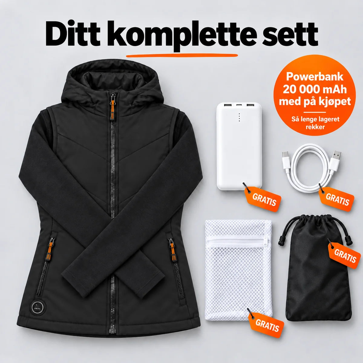 Komplett sett: Transitor, powerbank 20 000 mAh, ladekabel, vaskepose og veske