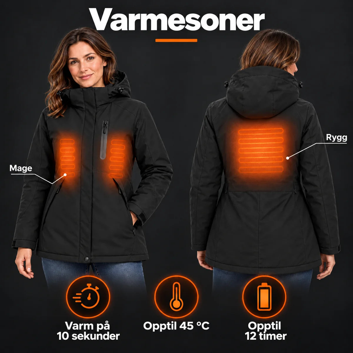 Oppvarmet parkas dame PyreFit Traverso: varmesoner på mage og rygg