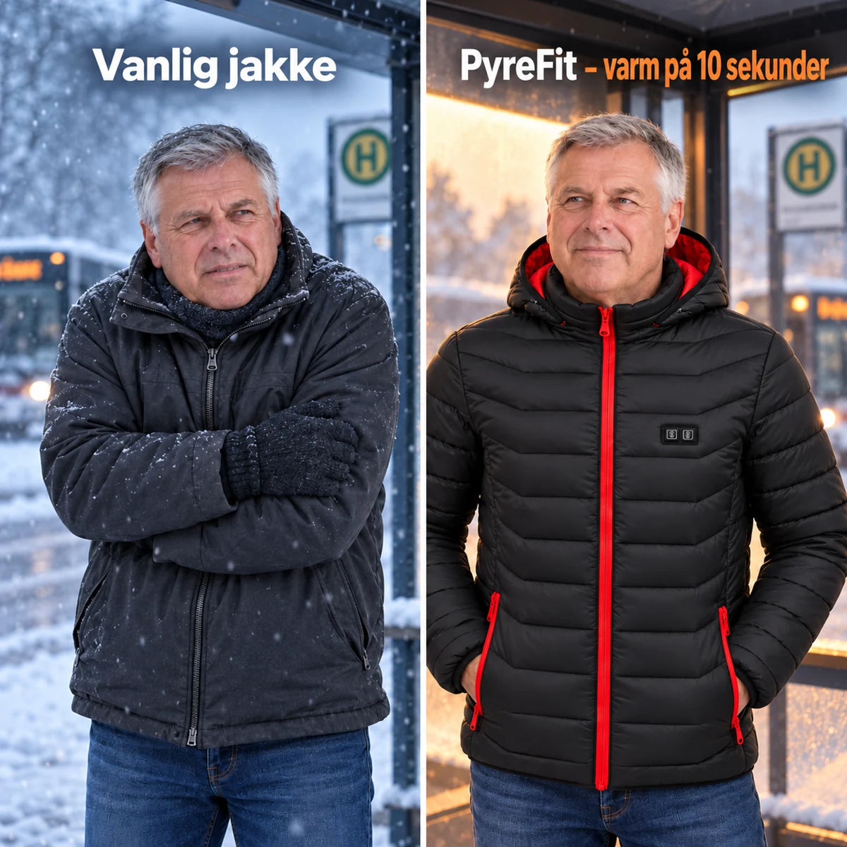 Sammenligning: vanlig vinterjakke og Travina med varme