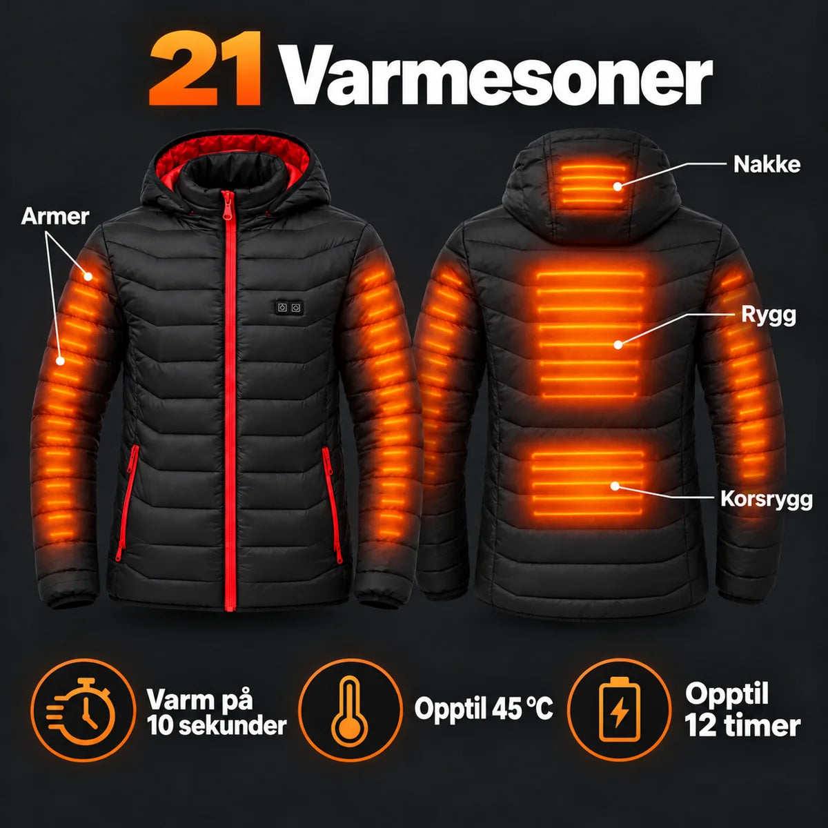 Vattert varmejakke herre PyreFit Travina: 21 varmesoner på nakke, rygg, korsrygg og armer