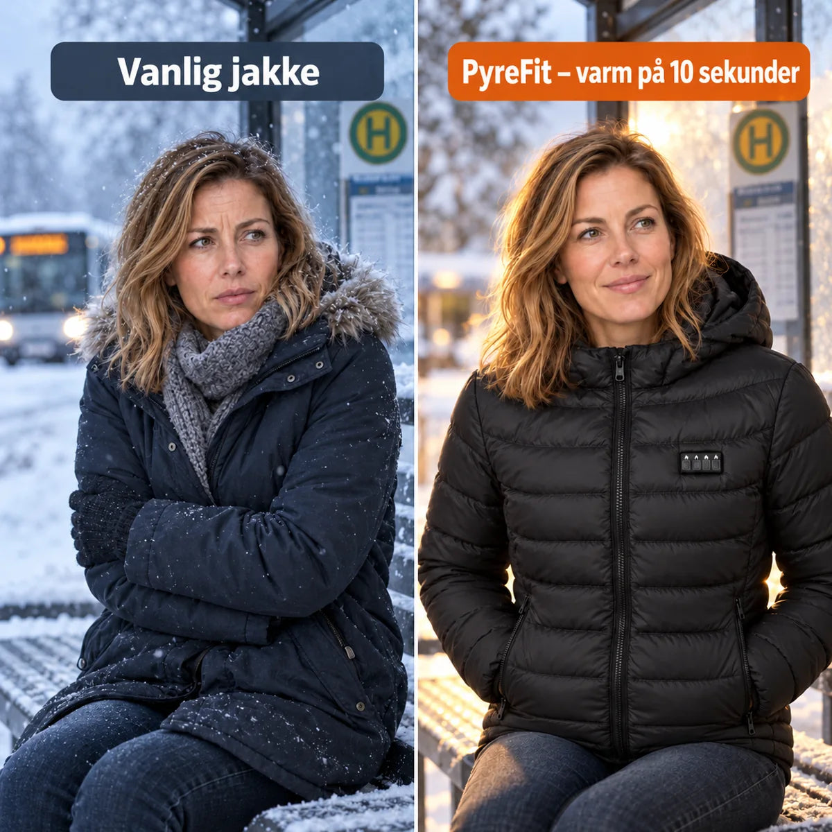 Sammenligning: vanlig vinterjakke og PyreFit-varmejakke