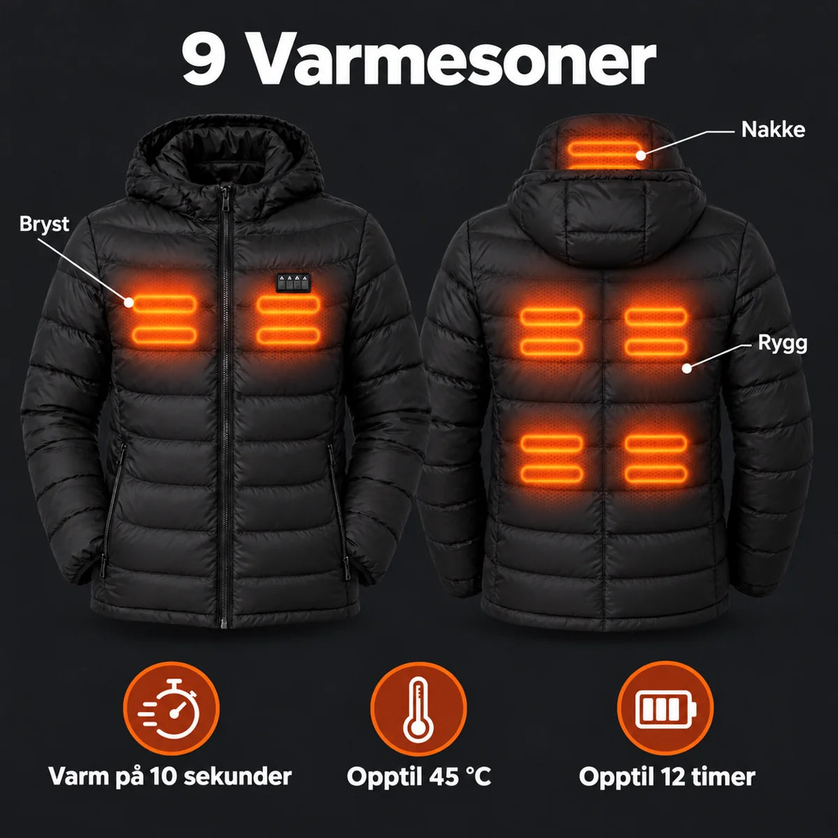 Vattert varmejakke fra PyreFit: 9 varmesoner på bryst, rygg og nakke