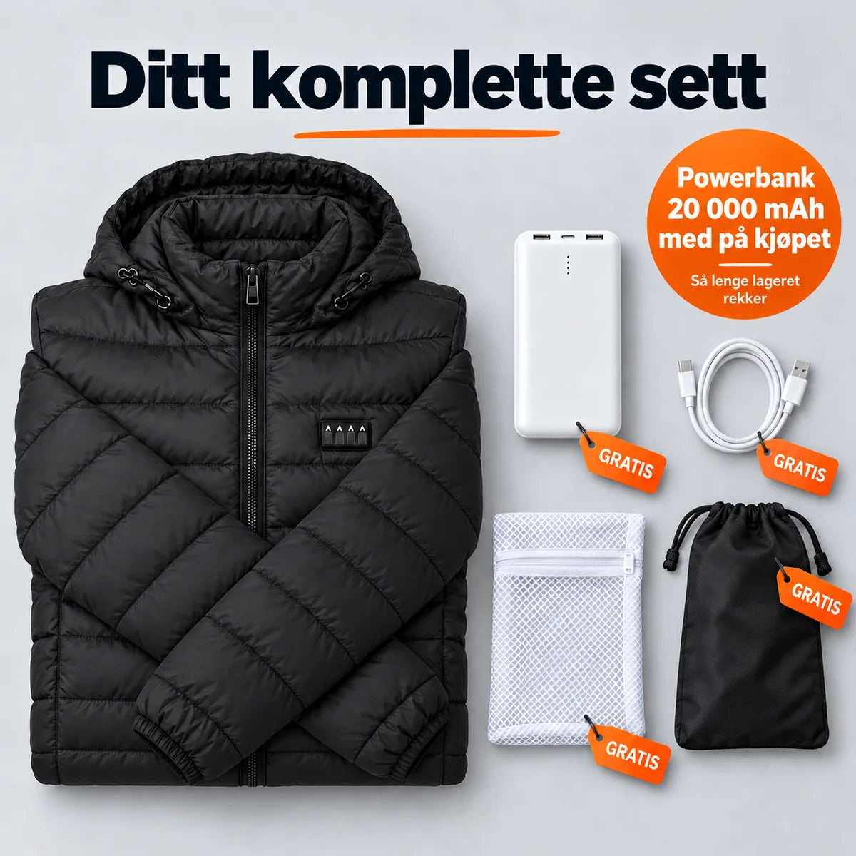 Komplett sett: varmejakke, powerbank på 20 000 mAh, vaskepose og oppbevaringsveske