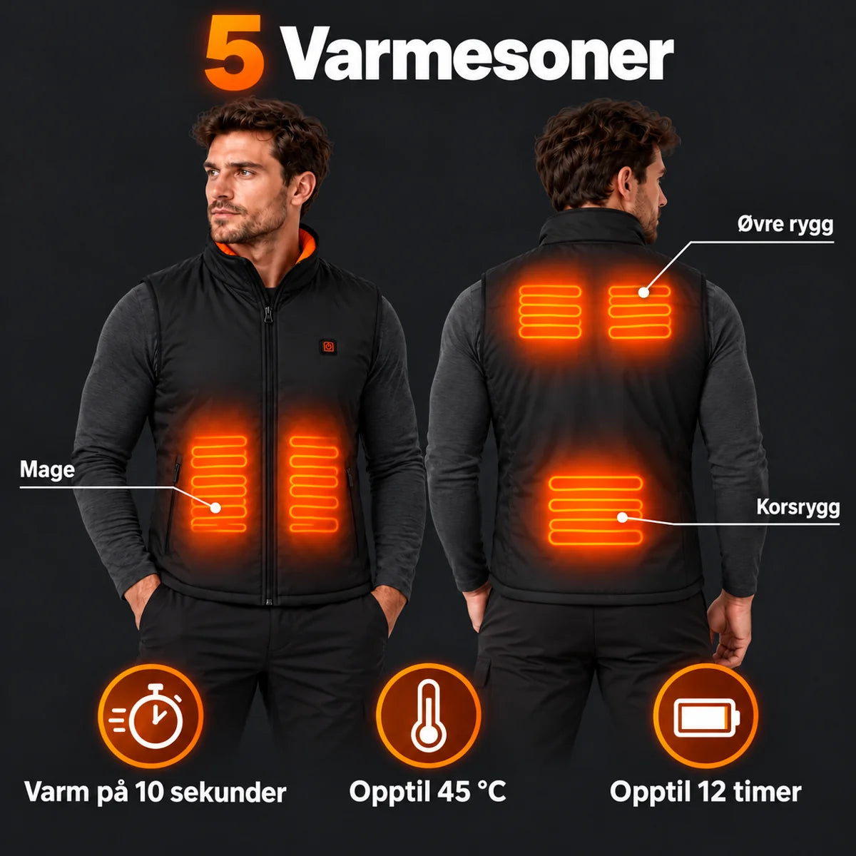 Varmevest herre for sport PyreFit Ventaro: 5 varmesoner på mage, øvre rygg og korsrygg