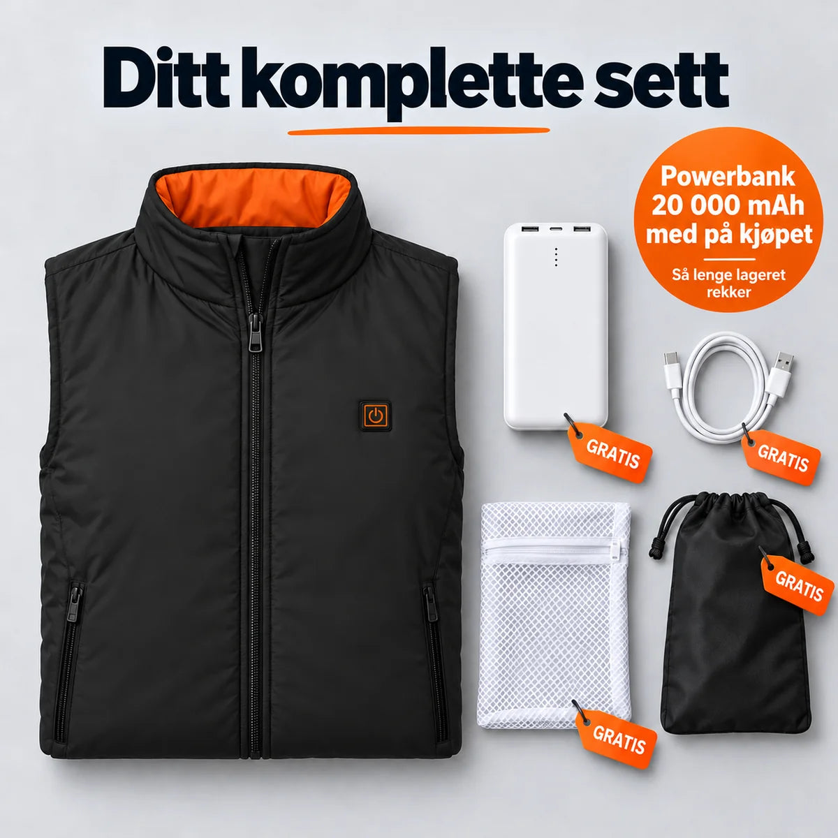 Komplett sett: Ventaro, powerbank 20 000 mAh, ladekabel, vaskepose og veske