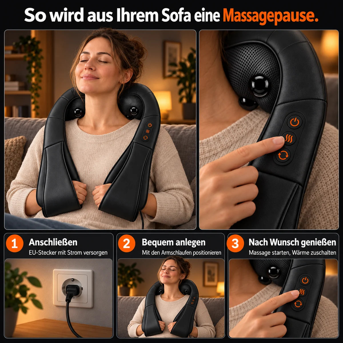 Shiatsu-nakkemassasjeapparat i svart: koble til, legg på og velg massasje med varme